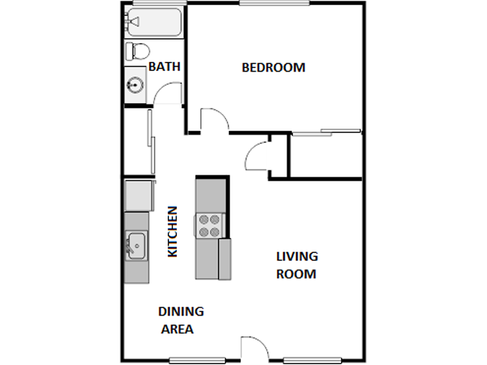Floor plan for 1 bed, 1 bath, 580 sqft